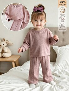 SHEIN Vintaside Kids BABY GIRLS Casual Minimalist Dusty Pink Rib-Knit Solid Long Sleeve Tops And Wide Leg Pants 2 Pieces Set - Pink - View 3