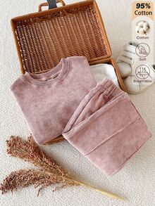 SHEIN Vintaside Kids BABY GIRLS Casual Minimalist Dusty Pink Rib-Knit Solid Long Sleeve Tops And Wide Leg Pants 2 Pieces Set - Pink - View 4