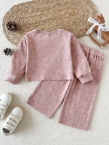 SHEIN Vintaside Kids BABY GIRLS Casual Minimalist Dusty Pink Rib-Knit Solid Long Sleeve Tops And Wide Leg Pants 2 Pieces Set - Pink - View 2
