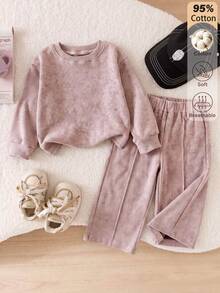 SHEIN Vintaside Kids BABY GIRLS Casual Minimalist Dusty Pink Rib-Knit Solid Long Sleeve Tops And Wide Leg Pants 2 Pieces Set - Pink - View 5