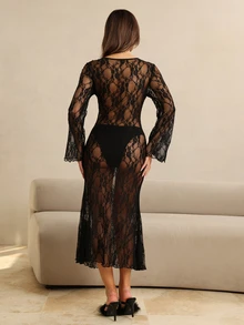 HautHeat Women's Lace Deep V-Neck Long Sleeve Cutout Sexy Nightgown - Black - View 2