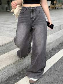 Dazy Plus Vintage Washed Distressed Korean Style Straight Leg Long Jeans, Versatile For Spring - Grey - View 8