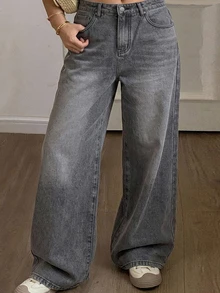 Dazy Plus Vintage Washed Distressed Korean Style Straight Leg Long Jeans, Versatile For Spring - Grey - View 1
