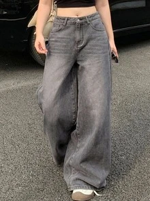 Dazy Plus Vintage Washed Distressed Korean Style Straight Leg Long Jeans, Versatile For Spring - Grey - View 7
