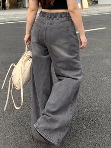 Dazy Plus Vintage Washed Distressed Korean Style Straight Leg Long Jeans, Versatile For Spring - Grey - View 4