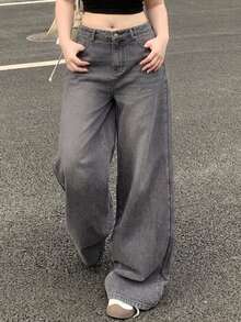 Dazy Plus Vintage Washed Distressed Korean Style Straight Leg Long Jeans, Versatile For Spring - Grey - View 2