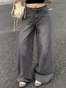 Dazy Plus Vintage Washed Distressed Korean Style Straight Leg Long Jeans, Versatile For Spring - Grey - View 6