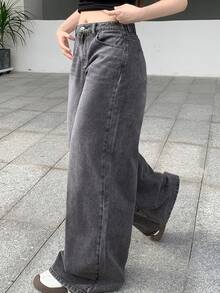 Dazy Plus Vintage Washed Distressed Korean Style Straight Leg Long Jeans, Versatile For Spring - Grey - View 3