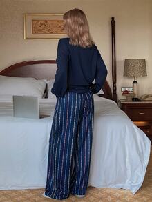 DAZY Women's Solid Color Long Sleeve Top And Striped Long Pants Casual Daily Home Sleepwear Set - Navy Blue - View 2