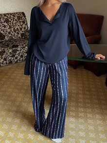DAZY Women's Solid Color Long Sleeve Top And Striped Long Pants Casual Daily Home Sleepwear Set - Navy Blue - View 4