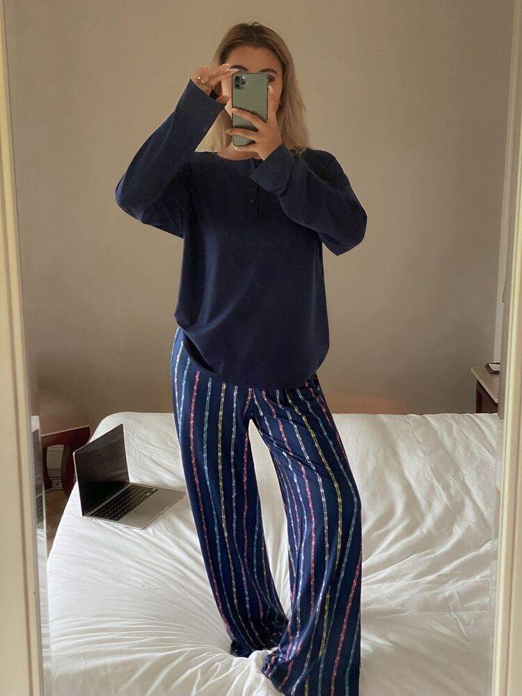 DAZY Women's Solid Color Long Sleeve Top And Striped Long Pants Casual Daily Home Sleepwear Set - Navy Blue - View 6