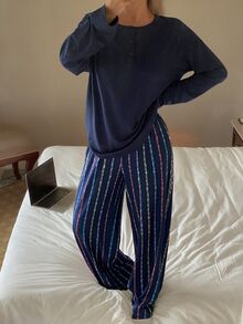 DAZY Women's Solid Color Long Sleeve Top And Striped Long Pants Casual Daily Home Sleepwear Set - Navy Blue - View 5