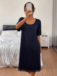 DAZY Women's Solid Color Contrast Lace Round Neck Short Sleeve Elegant Nightgown - Navy Blue - View 6