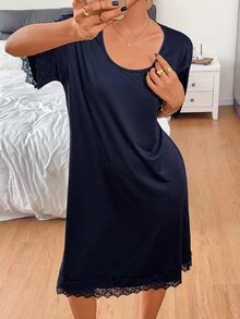 DAZY Women's Solid Color Contrast Lace Round Neck Short Sleeve Elegant Nightgown - Navy Blue - View 4