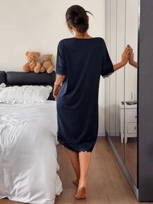 DAZY Women's Solid Color Contrast Lace Round Neck Short Sleeve Elegant Nightgown - Navy Blue - View 2