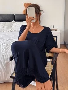 DAZY Women's Solid Color Contrast Lace Round Neck Short Sleeve Elegant Nightgown - Navy Blue - View 8