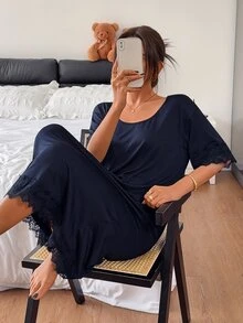 DAZY Women's Solid Color Contrast Lace Round Neck Short Sleeve Elegant Nightgown - Navy Blue - View 1