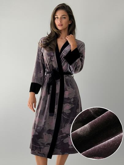 DAZY Women's Printed Pattern Robe With Belt, Comfortable Casual Loungewear