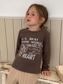 Hapijoa Young Girl Letter Graphic Casual Daily Long Sleeve T-Shirt - Coffee Brown - View 6