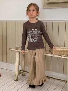 Hapijoa Young Girl Letter Graphic Casual Daily Long Sleeve T-Shirt - Coffee Brown - View 1