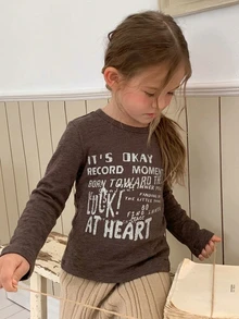 Hapijoa Young Girl Letter Graphic Casual Daily Long Sleeve T-Shirt - Coffee Brown - View 5