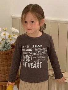 Hapijoa Young Girl Letter Graphic Casual Daily Long Sleeve T-Shirt - Coffee Brown - View 2