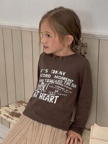 Hapijoa Young Girl Letter Graphic Casual Daily Long Sleeve T-Shirt - Coffee Brown - View 4