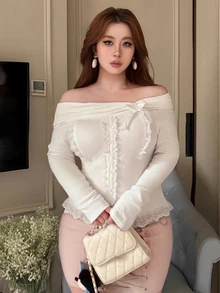 Dazy Plus Off-Shoulder Korean Style Long Sleeve Lace Patchwork Fall Versatile Fresh T-Shirt Morning Date Night White Romantic Elegant - White - View 1