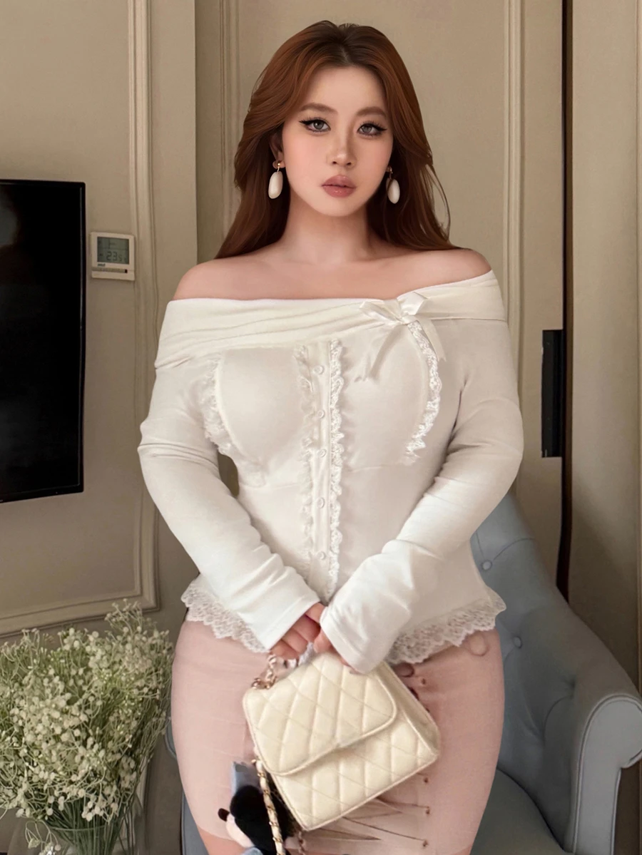 Dazy Plus Off-Shoulder Korean Style Long Sleeve Lace Patchwork Fall Versatile Fresh T-Shirt Morning Date Night White Romantic Elegant - White - View 1