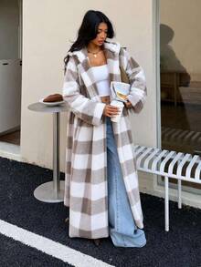 Buffalo Plaid Print Drop Shoulder Belted Coat - Camel - View 1