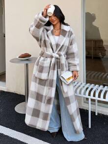 Buffalo Plaid Print Drop Shoulder Belted Coat - Camel - View 5