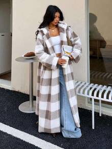 Buffalo Plaid Print Drop Shoulder Belted Coat - Camel - View 4