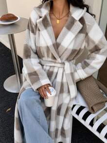 Buffalo Plaid Print Drop Shoulder Belted Coat - Camel - View 6