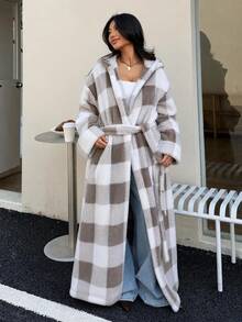 Buffalo Plaid Print Drop Shoulder Belted Coat - Camel - View 7