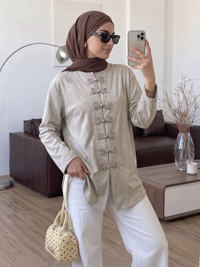 Solavon Women's Solid Color Casual Modest Modern Filipiniana Elegant Daily Wear Arabic Style Top Lounge Office Morning Grey Fall
