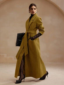 Anewsta Essential 女款優雅金色長款繫腰羊毛混紡大衣，適合通勤、休閒、外出，新年穿搭 - 黃色 - 查看 3