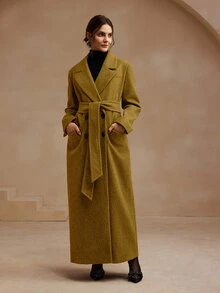 Anewsta Essential 女款優雅金色長款繫腰羊毛混紡大衣，適合通勤、休閒、外出，新年穿搭 - 黃色 - 查看 6