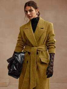 Anewsta Essential 女款優雅金色長款繫腰羊毛混紡大衣，適合通勤、休閒、外出，新年穿搭 - 黃色 - 查看 4