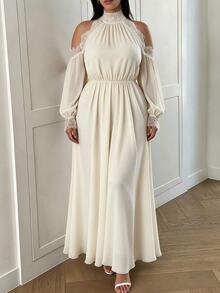 Elenzga Plus Size Elegant Cold Shoulder Lace Trim Long Sleeve Maxi Dress, High Neck Chiffon Waist Belt Formal Evening Dress Fall - Apricot - View 7