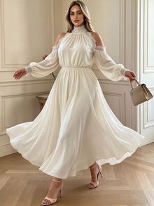 Elenzga Plus Size Elegant Cold Shoulder Lace Trim Long Sleeve Maxi Dress, High Neck Chiffon Waist Belt Formal Evening Dress Fall - Apricot - View 4
