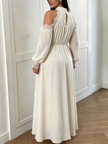 Elenzga Plus Size Elegant Cold Shoulder Lace Trim Long Sleeve Maxi Dress, High Neck Chiffon Waist Belt Formal Evening Dress Fall - Apricot - View 2