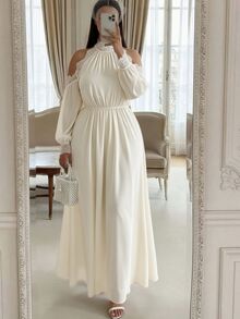 Elenzga Plus Size Elegant Cold Shoulder Lace Trim Long Sleeve Maxi Dress, High Neck Chiffon Waist Belt Formal Evening Dress Fall - Apricot - View 1