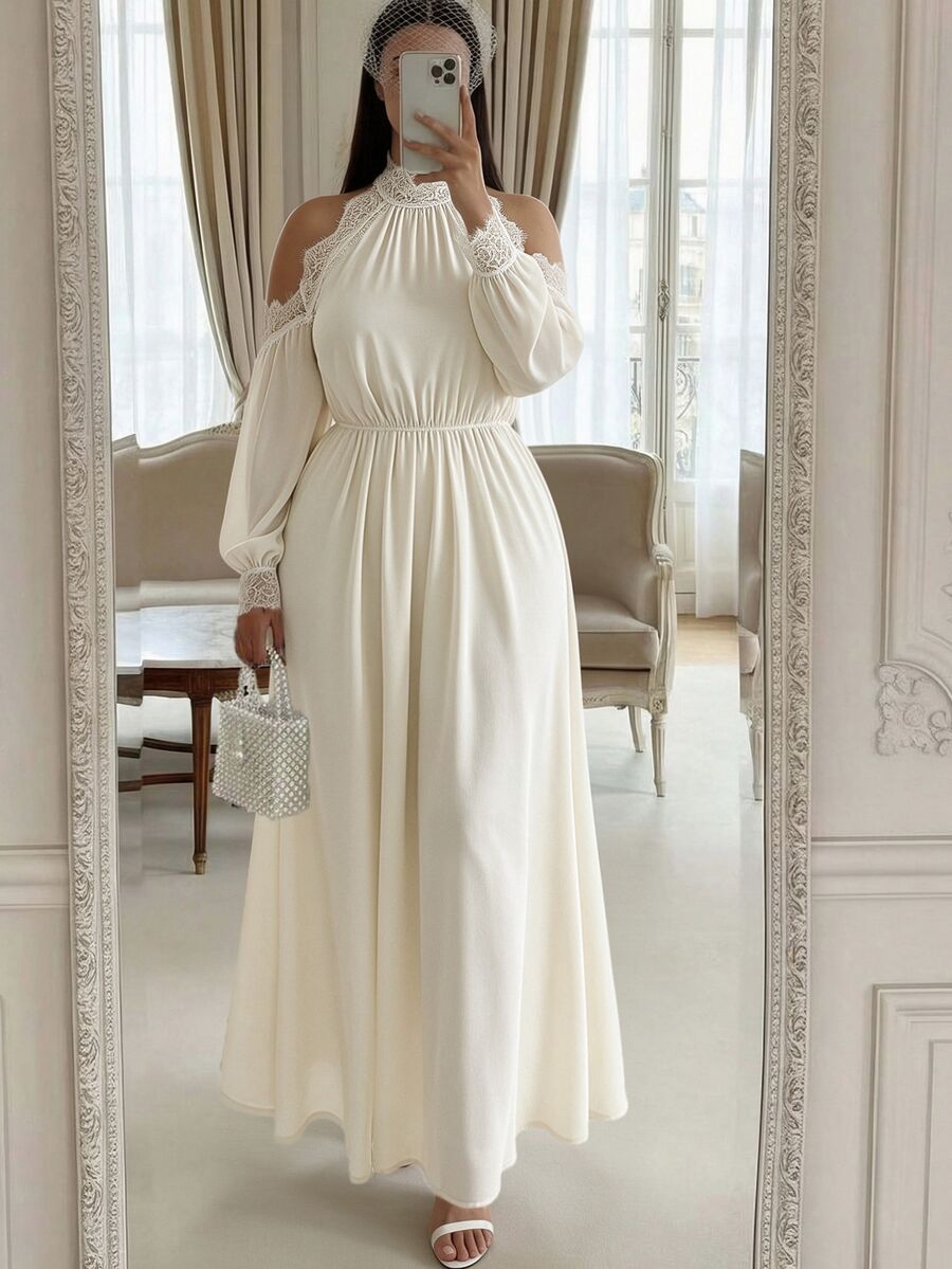 Elenzga Plus Size Elegant Cold Shoulder Lace Trim Long Sleeve Maxi Dress, High Neck Chiffon Waist Belt Formal Evening Dress Fall - Apricot - View 1
