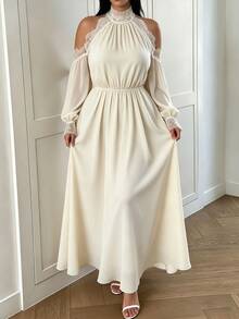 Elenzga Plus Size Elegant Cold Shoulder Lace Trim Long Sleeve Maxi Dress, High Neck Chiffon Waist Belt Formal Evening Dress Fall - Apricot - View 6