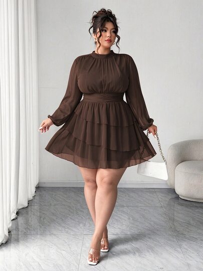 Elenzga Vestido corto de manga larga con detalle de volantes estilo italiano, tela plisada de gasa de unicolor para mujer de talla grande, para uso casual/viajes/tarde de té