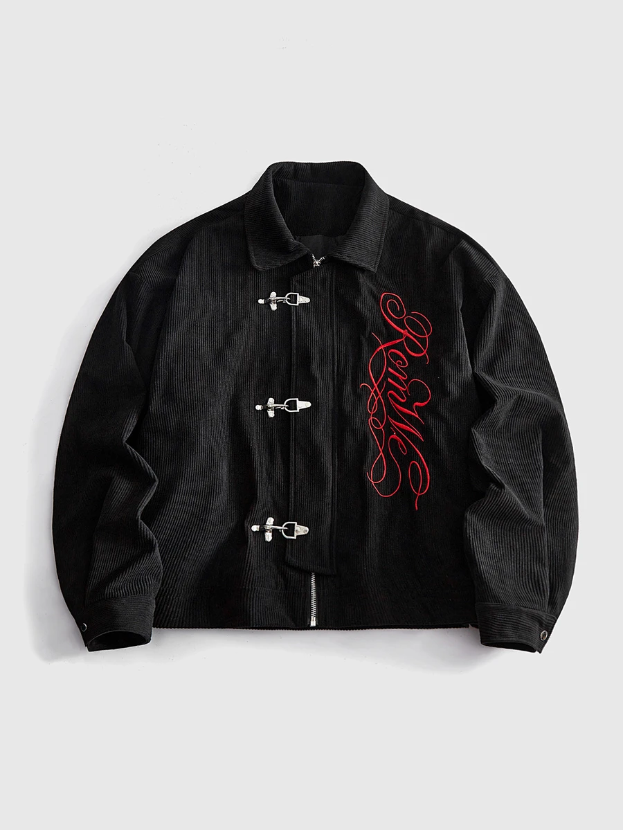 ROMWE MEN Men's Turn-Down Collar Long Sleeve Embroidered Jacket - Black - View 1