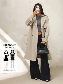 SHEIN PETITE 女款素色休閒優雅百搭日常教師節風衣外套 辦公室穿搭 卡其色 秋季 - 卡其色 - 查看 10