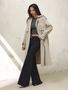 SHEIN PETITE 女款素色休閒優雅百搭日常教師節風衣外套 辦公室穿搭 卡其色 秋季 - 卡其色 - 查看 4