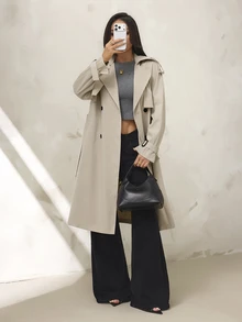 SHEIN PETITE 女款素色休閒優雅百搭日常教師節風衣外套 辦公室穿搭 卡其色 秋季 - 卡其色 - 查看 5