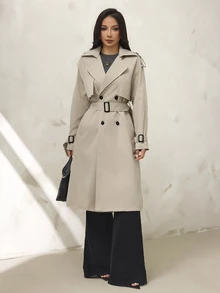 SHEIN PETITE 女款素色休閒優雅百搭日常教師節風衣外套 辦公室穿搭 卡其色 秋季 - 卡其色 - 查看 9